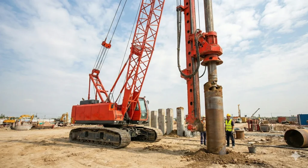 Installation of a Secant Pile Wall by Emirates German Foundations LLC, showing interlocking primary and secondary piles for a watertight earth retention system