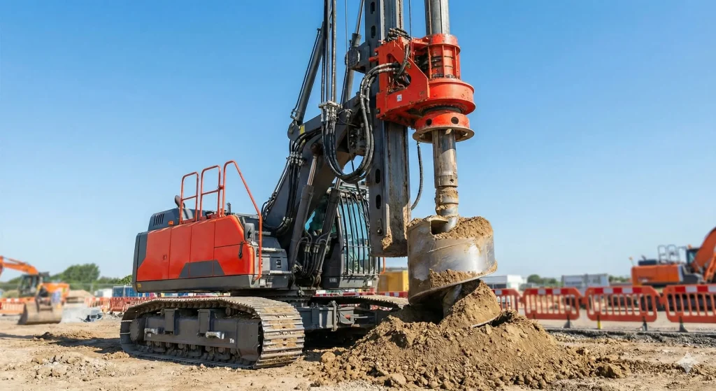 Installation of large-diameter bored piles by Emirates German Foundations LLC using a hydraulic rotary drilling rig on a construction site in the UAE.