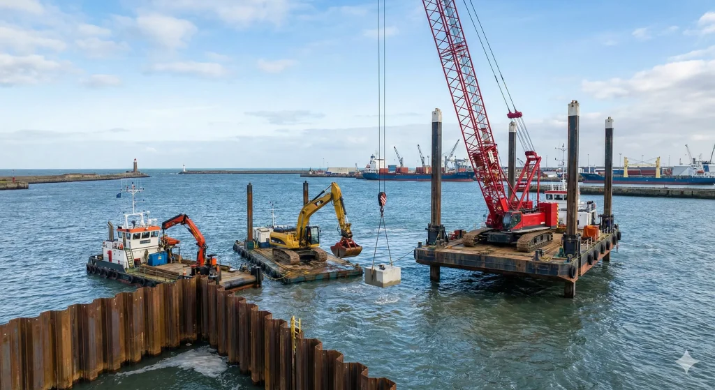 Marine construction project by Emirates German Foundations LLC featuring sheet piling and quay wall installation for a coastal development